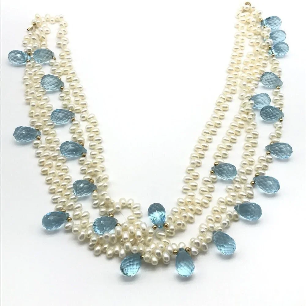 Genuine Multi-Strand Real Pearl Blue Faceted Crystal 14k Solid Gold Necklace